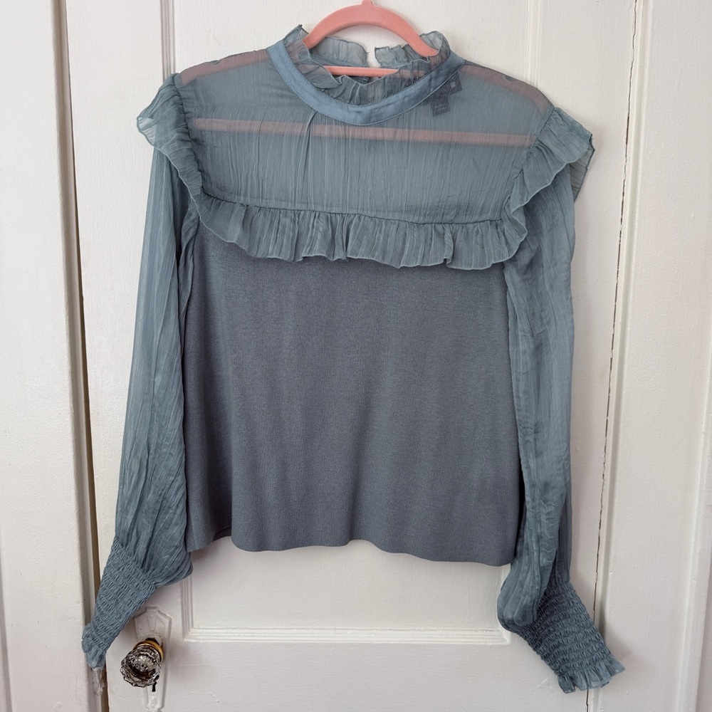 BROADWAY 38 Ruffle Sheer Yoke Long Sleeve Blouse in Slate Blue Women’s Large